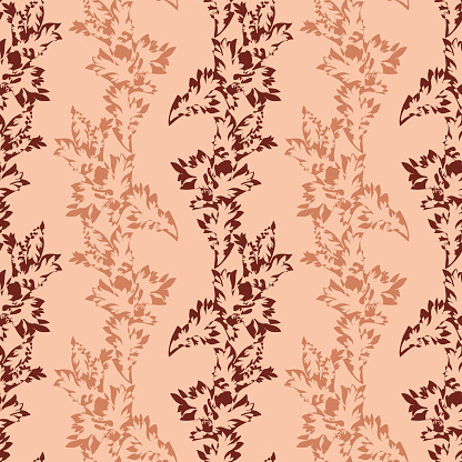 Acanthus leaf striped vector seamless pattern background. Vertical rows of stencil style hand drawn leaves in hues of ochre brown.Earthy elegant botanical backdrop. Stripe effect repeat. For wellness