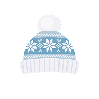 Knitted winter hat with fluffy pompon in flat style. Vector illustration isolated on white background
