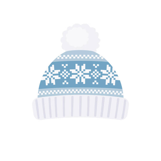 Knitted winter hat with pompon flat design Knitted winter hat with fluffy pompon in flat style. Vector illustration isolated on white background beanie hat stock illustrations