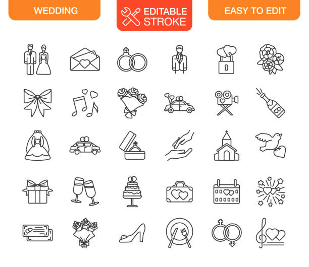 illustrations, cliparts, dessins animés et icônes de ensemble d’icônes de mariage contour modifiable - mariage