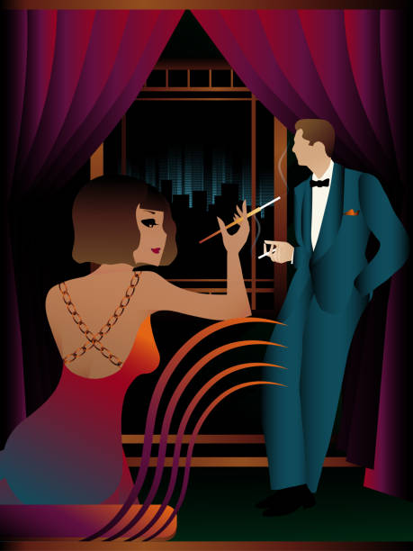 ilustrações de stock, clip art, desenhos animados e ícones de young woman and man smoke cigarettes. retro. art deco - retro revival couple men elegance