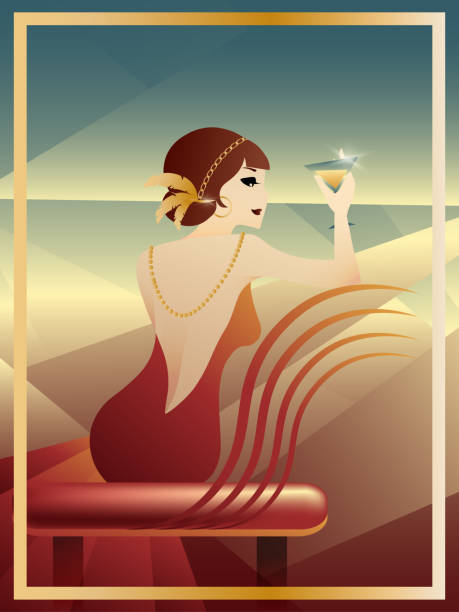 빨간 소녀는 칵테일과 함께 소파에 앉아있다. 복고풍 스타일. 아르 데코 - 1930s style women fashion retro revival stock illustrations