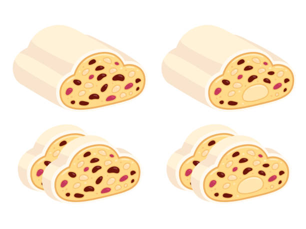 ilustrações, clipart, desenhos animados e ícones de weihnachtsstollen conjunto de frutas alemãs de natal - christmas stollen christmas pastry baked