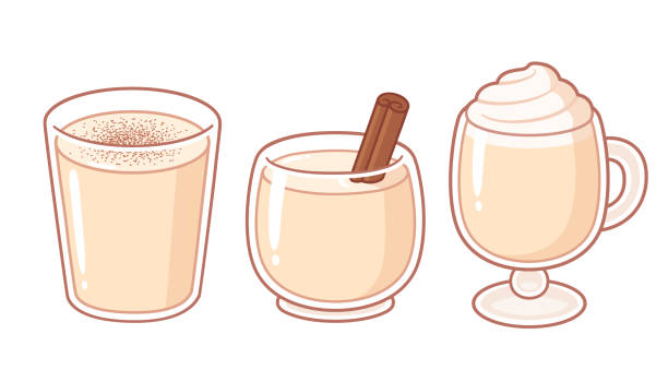 Eggnog glasses drawing set Eggnog glasses with cinnamon and whipped cream, hand drawn cartoon illustration. Traditional Christmas drink. Vector clip art drawing set. christmas eggnog stock illustrations