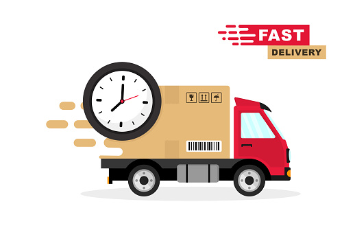 Fast delivery truck. Express delivery, quick move. Transport services concept. Fast shipping truck for apps and websites. Vector illustration.