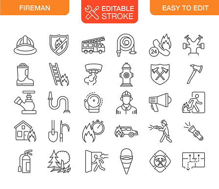 Fireman, firefighters icons set. Editable Stroke. Vector illustration.
