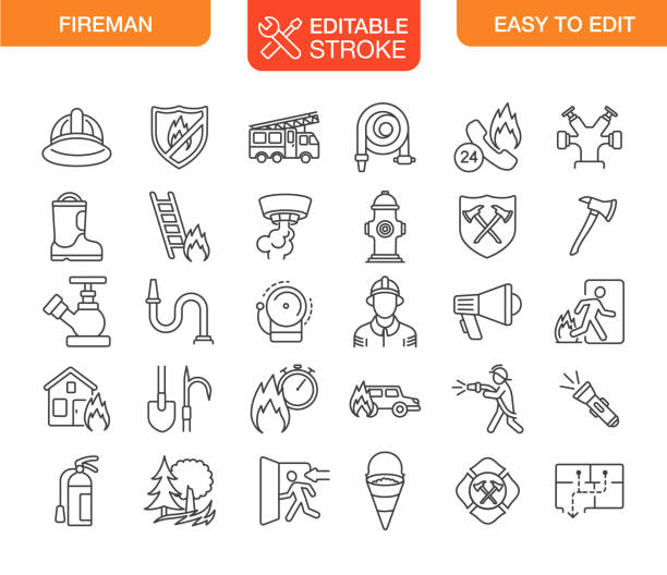 fireman firefighter icons set editable stroke - wildfire smoke 幅插畫檔、美工圖案、卡通及圖標