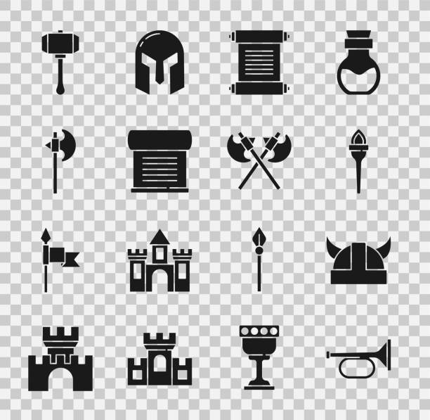 Set Trumpet, Viking in horned helmet, Torch flame, Decree, parchment, scroll, Medieval axe, Hammer and Crossed medieval axes icon. Vector Set Trumpet Viking in horned helmet Torch flame Decree parchment scroll Medieval axe Hammer and Crossed medieval axes icon. Vector. medieval architecture stock illustrations