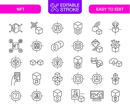 NFT Non-Fungible Tokens icons set. Vector illustration. Editable stroke.