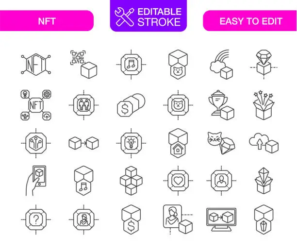 Vector illustration of NFT icons Set Editable Etroke