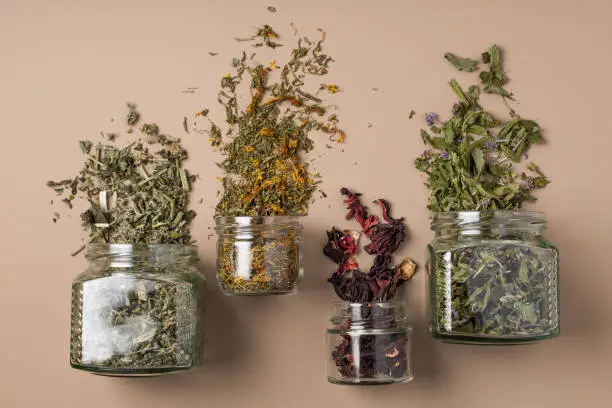Four jars of healthy dried herbs scattered over the background