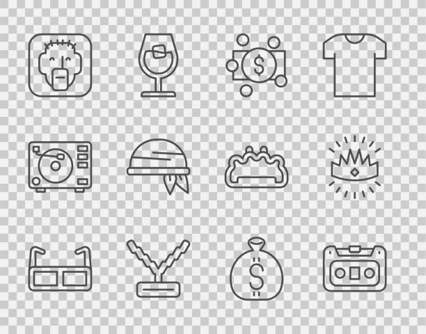 illustrazioni stock, clip art, cartoni animati e icone di tendenza di set line occhiali, retro audiocassetta, stacks paper money cash, rapper chain, bandana, money bag e king crown icon. vettore - sports uniform audio