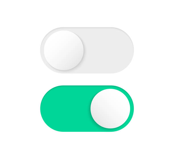 켜기 및 끄기 토글 스위치. 슬라이더 버튼을 켜고 끕니다. 장치에서 사용자 인터페이스를 위한 최신 토글 스위치입니다. 전원 제어 스위치. 벡터 그림입니다. - slide stock illustrations