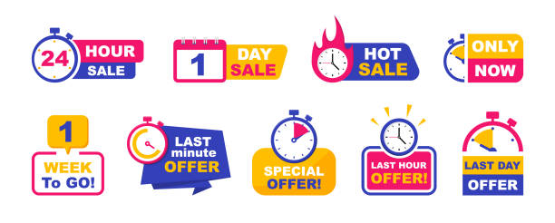 ilustrações de stock, clip art, desenhos animados e ícones de set of sale countdown badges. sale timer banners. last day, last hour and last minute offer. one day and 24 hour sale, one week to go sale. promo stickers hot sale and only now. - announcement message flash