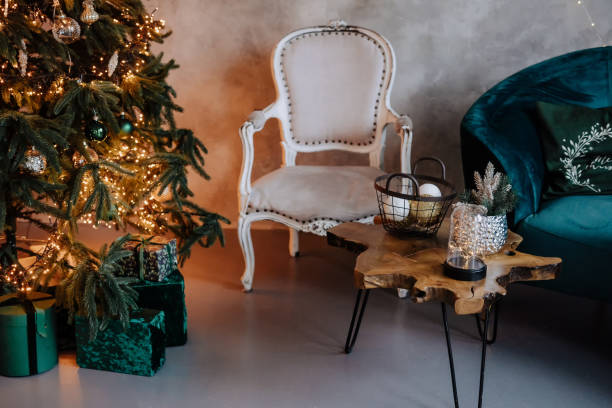 istock Merry Christmas Pine Tree, Presents and Armchair 1357171817