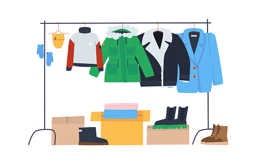 Rack with winter clothes on hangers. Boxes and winter shoes. Clothing store or donation. Flat vector illustration