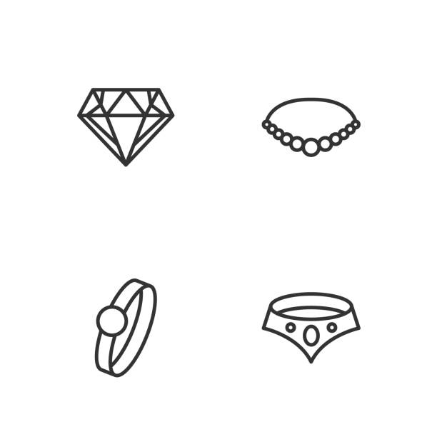 ilustraciones, imágenes clip art, dibujos animados e iconos de stock de collar de línea fija, anillo de compromiso de diamantes e icono de collar de perlas. vector - vector love jewelry pearl