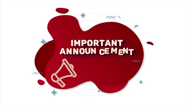 Megaphone with text Important Announcement. Memphis style banner with abstract geometric shapes on red background. Banner and outline round elements with megaphone. 4K video motion graphic