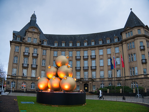 Luxembourg-city, Luxembourg - December 04, 2021: Christmas decorations in front of the BCEE building