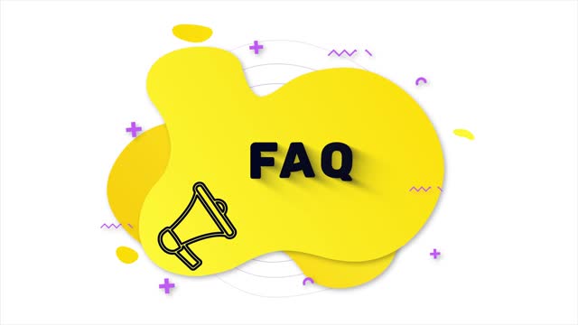 Black megaphone with text Faq. Memphis style banner with abstract geometric shapes on yellow background. Banner and outline round elements with megaphone. 4K video motion graphic