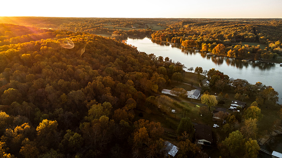 fall sunrise over grand lake taken with drone during october morning.