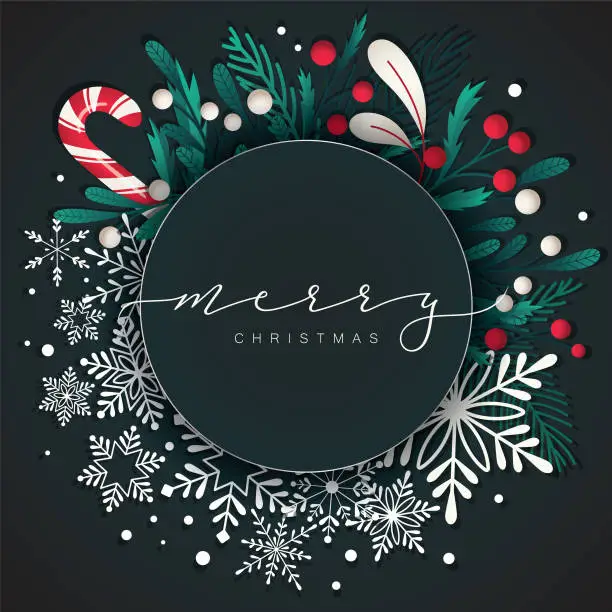 Vector illustration of Christmas greeting over a festive winter wreath