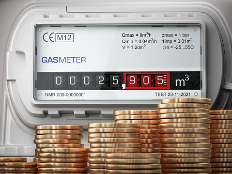 Growth of natural gas price. Savings of energy and energy efficiency concept. Gas meter with stacks of coins. 3d illustration.