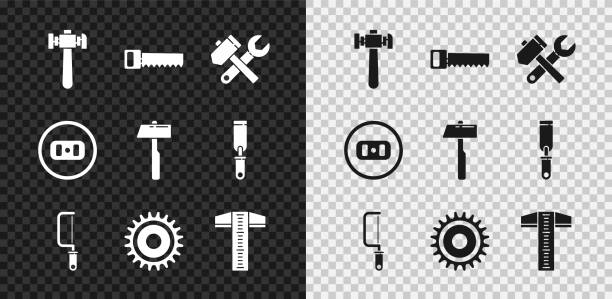 ilustrações de stock, clip art, desenhos animados e ícones de set hammer, hand saw, wrench spanner, hacksaw, circular blade, t-square line, electrical outlet and icon. vector - letter t