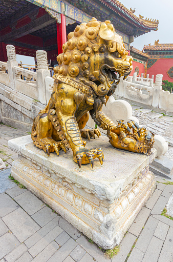 An imperial guardian lion in front of Tainan Confucian Temple on Nanmen Road in West Central District, Tainan, Taiwan.