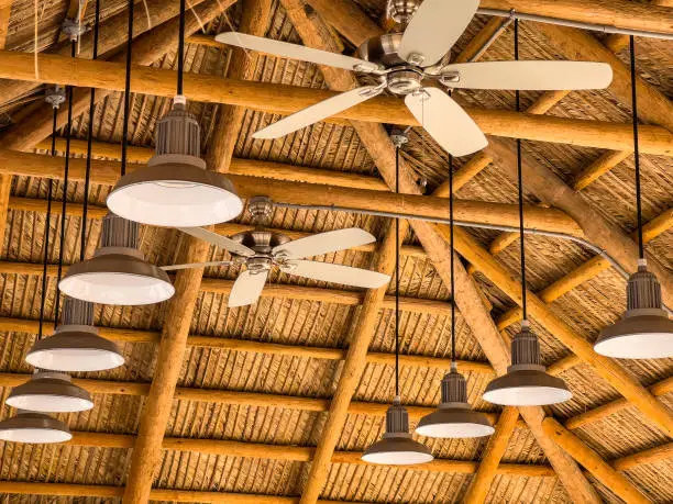 Photo of Ceiling fans and light fixtures in a tiki bar