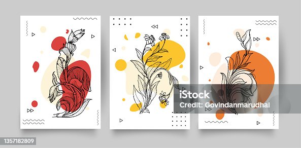 istock Botanical wall art vector set. Hand draw template leaves and line art background for paper, Foliage line art drawing with abstract shape. Abstract Plant Art design for print, cover, wallpaper, Minimal and natural wall art. 1357182809