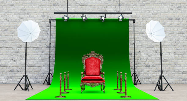 부드러운 상자 조명, 안락 의자 및 장벽이있는 사진 스튜디오 녹색 배경, - baroque style flash 뉴스 사진 이미지
