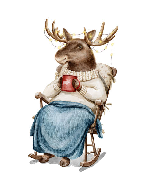 aquarell weihnachts-cartoon elch in kleidung trinken tee im sessel - glühwein stock-grafiken, -clipart, -cartoons und -symbole