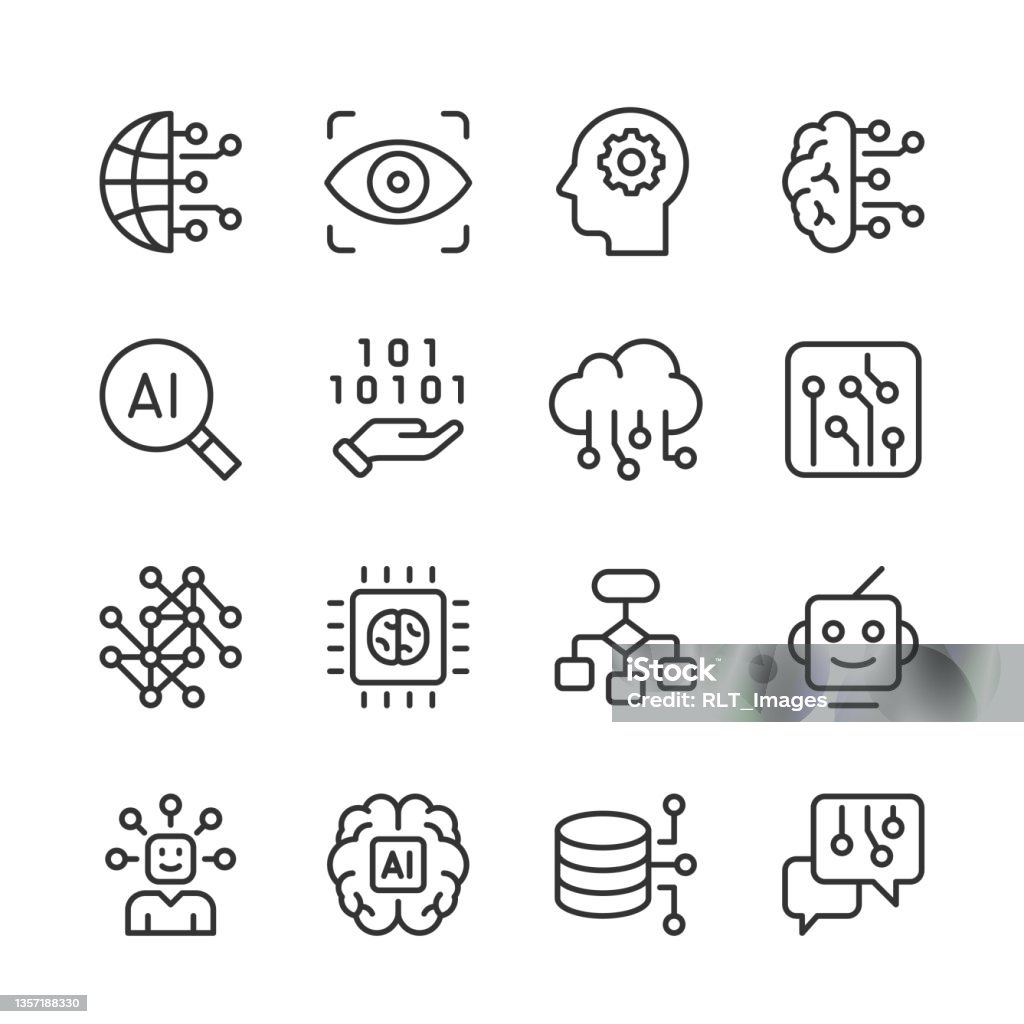 Ikonen der künstlichen Intelligenz und des maschinellen Lernens — Monoline-Serie - Lizenzfrei Technologie Vektorgrafik