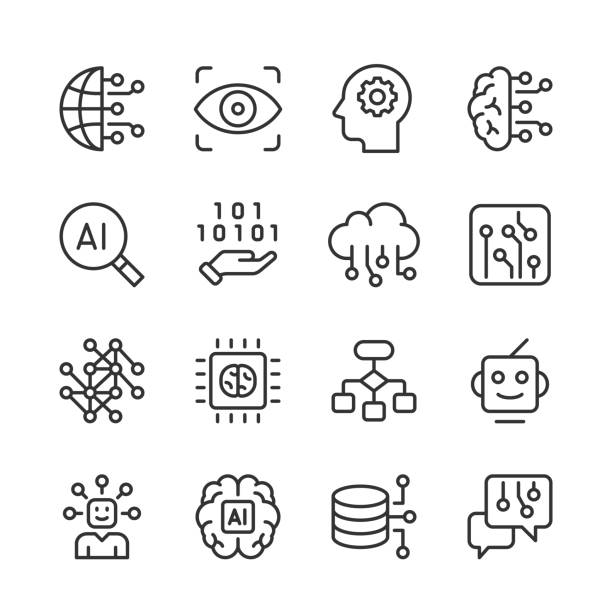Artificial Intelligence & Machine Learning Icons — Monoline Series Vector line icon set appropriate for web and print applications. Designed in 48 x 48 pixel square with 2px editable stroke. Pixel perfect. dx stock illustrations