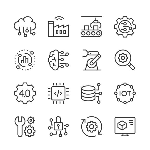 Industry 4.0 Icons — Monoline Series Vector line icon set appropriate for web and print applications. Designed in 48 x 48 pixel square with 2px editable stroke. Pixel perfect. industrial building stock illustrations