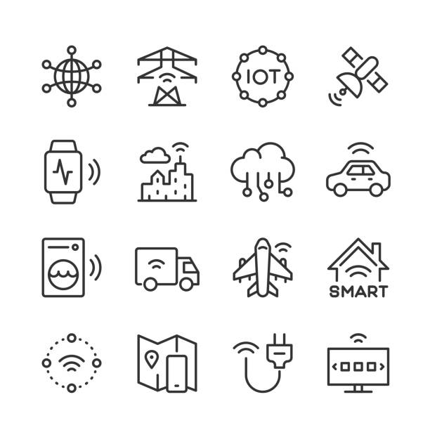 ilustraciones, imágenes clip art, dibujos animados e iconos de stock de iconos de internet de las cosas — monoline series - digitalización