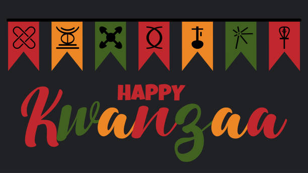 happy kwanzaa banner mit niedlichen festlichen flaggen ammer mit sieben prinzipien der kwanzaa symbole ikone - afroamerikanische feier in den usa. vektorillustration mit textbeschriftung in afrikanischen farben - kwanzaa stock-grafiken, -clipart, -cartoons und -symbole