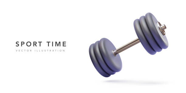 istock Creative concept 3d realistic dumbbell with black plates levitating in air on white background. Front view with copy space. Vector illustration 1357195992