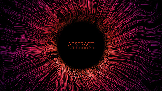 Colorful abstract eye iris or magic portal with glowing waved lines and sparks. Abstract vector background with place for your content