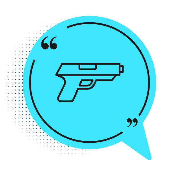 ilustrações de stock, clip art, desenhos animados e ícones de black line pistol or gun icon isolated on white background. police or military handgun. small firearm. blue speech bubble symbol. vector - handgun gun blue black