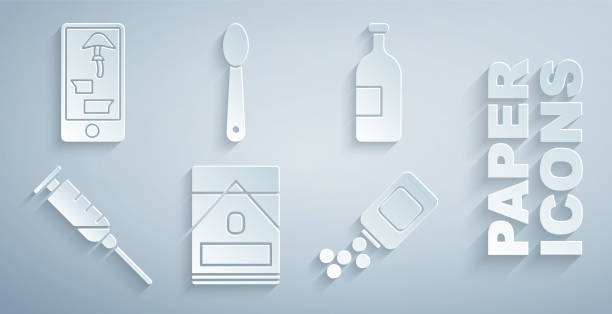 ilustrações de stock, clip art, desenhos animados e ícones de set cigarettes pack box, alcohol drink bottle, syringe, medicine and pills, heroin spoon and buying drugs online phone icon. vector - cutting cocaine