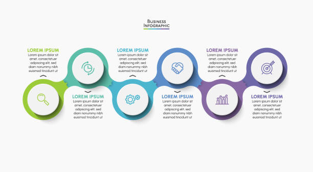 ilustraciones, imágenes clip art, dibujos animados e iconos de stock de visualización de datos empresariales. iconos de infografía de línea de tiempo diseñados para plantillas de fondo abstractas - número 6