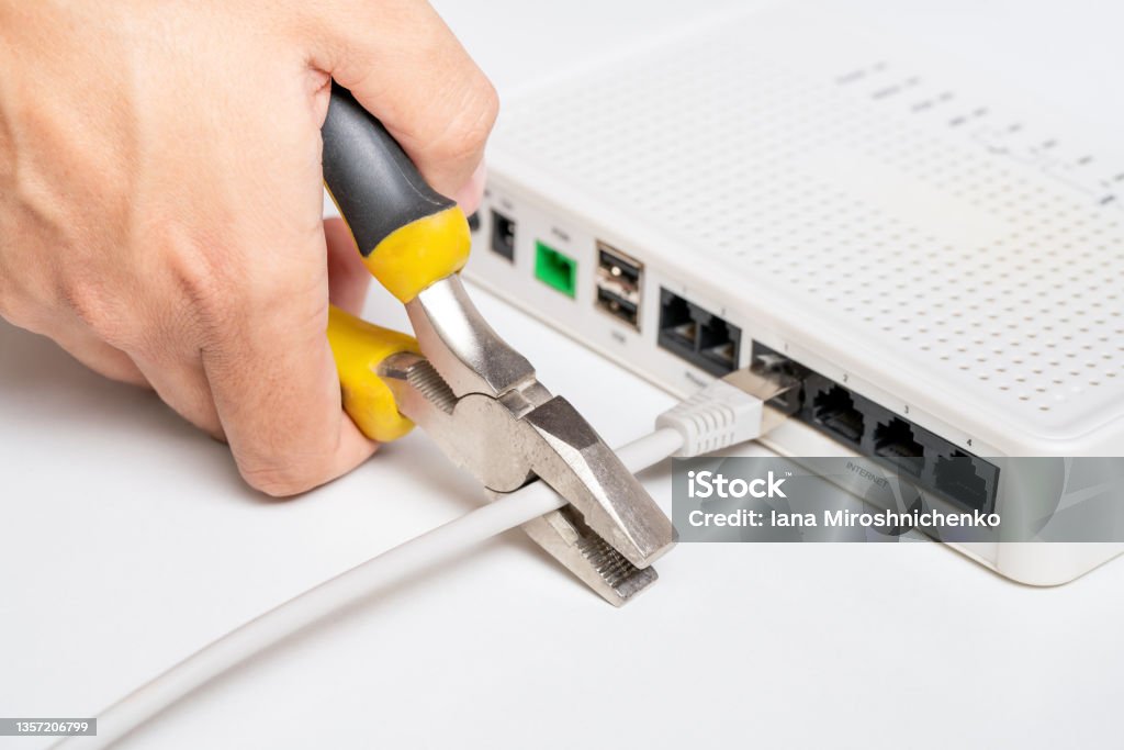 Cut Router Connection Hand With Cutter Cuts Network Cable To Router Internet Connection ...