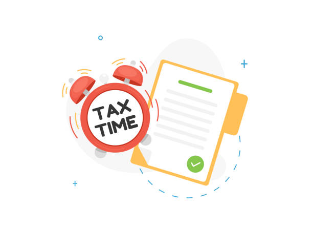 Tax Time Tax time illustration with document in folder and alarm clock in flat design taxes stock illustrations