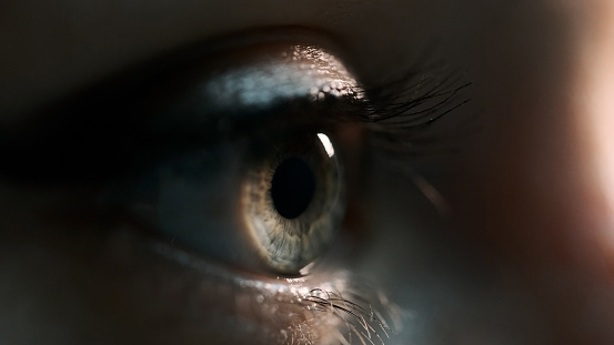A woman's eye with beautiful eyelashes. Gray cornea with a brown spot. view on the side.