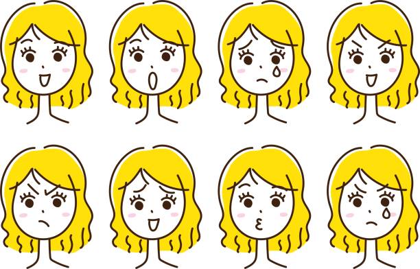 zestaw ilustracji blond kobiet z różnymi wyrazami emocji (ręcznie malowany) / materiał ilustracyjny (ilustracja wektorowa) - white background vitality happiness surprise stock illustrations