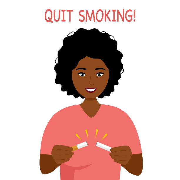 African woman quit smoking for healthy lungs concept vector illustration. Young black female breaking cigarette in flat design. vector art illustration