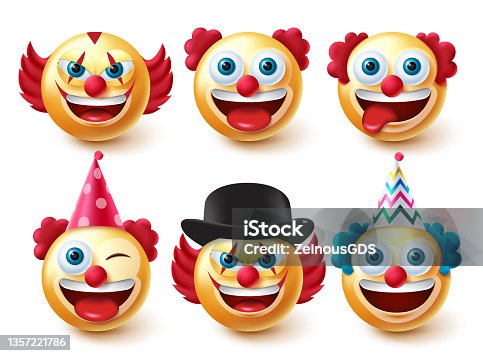 istock Emoji clowns character vector set. Emojis birthday characters in funny and scary faces isolated in white background for party clown emoticon collection design. 1357221786