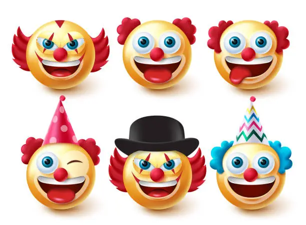 Vector illustration of Emoji clowns character vector set. Emojis birthday characters in funny and scary faces isolated in white background for party clown emoticon collection design.